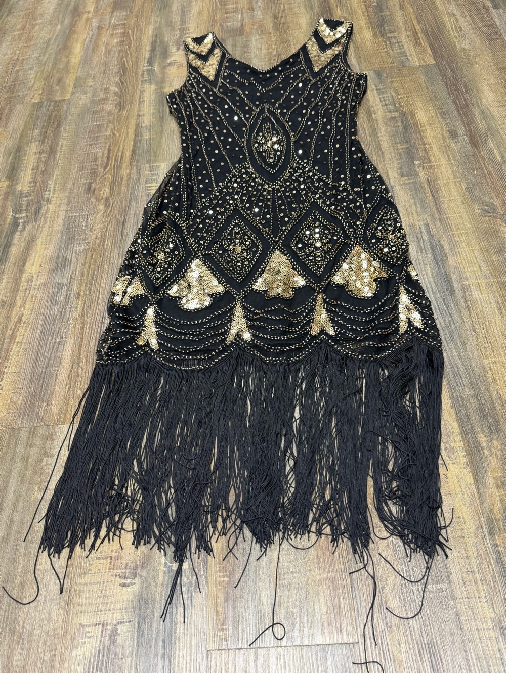 Black & Gold Beaded Fringe Evening Dress M - Picture 5 of 16